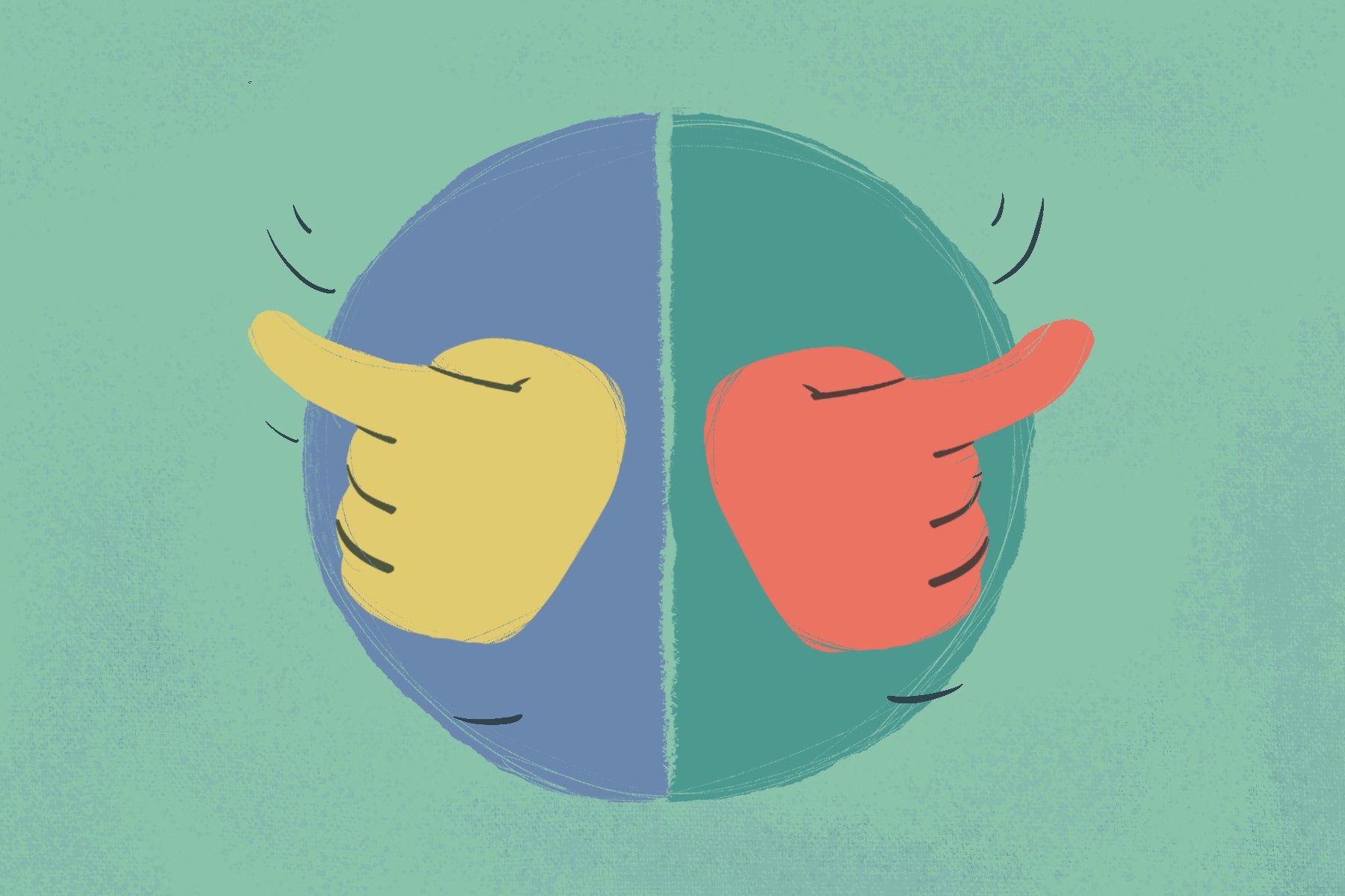 Illustration of two hands pointing at opposite directions