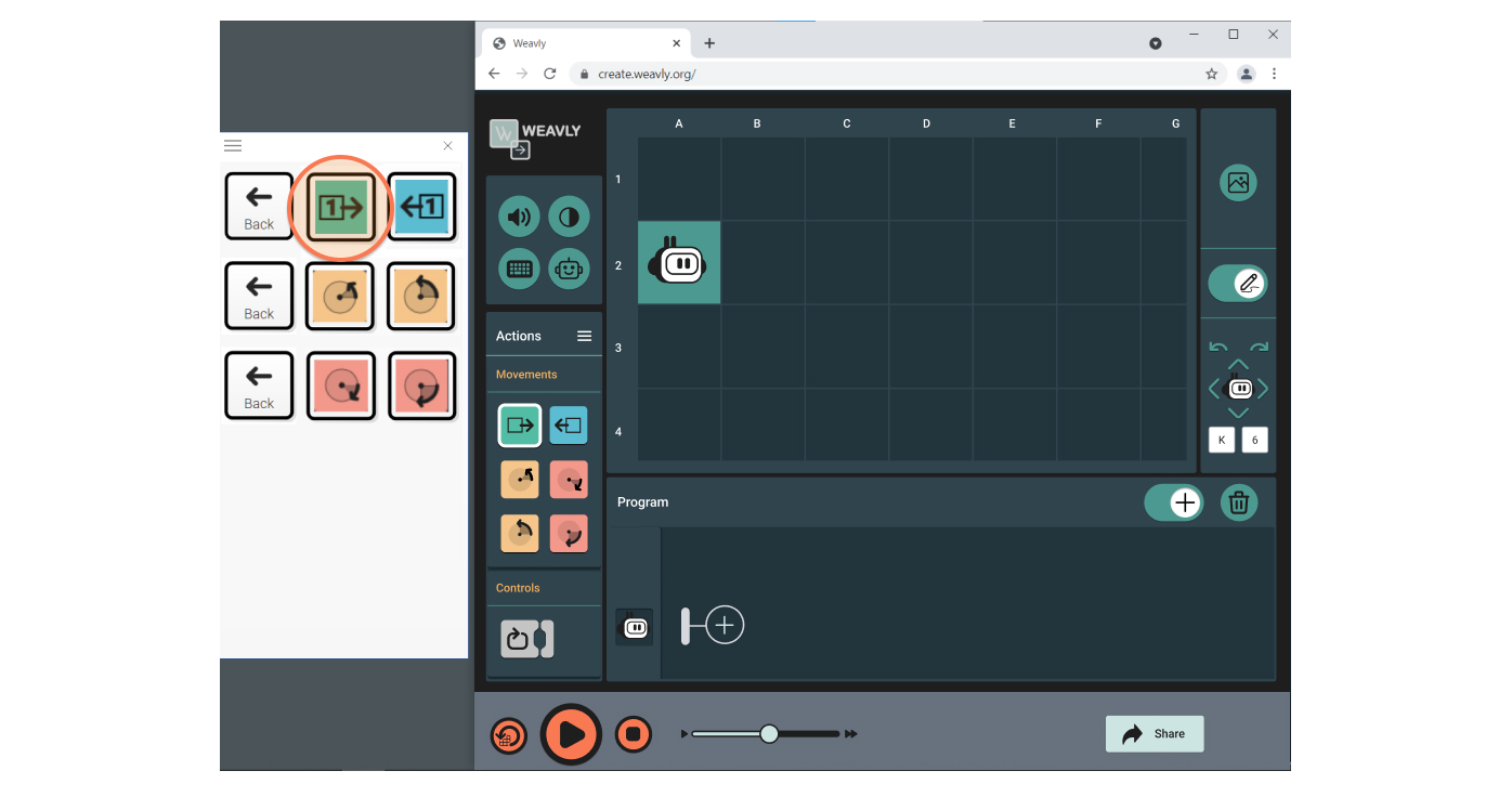 Selecting Forward action block on the Grid3 onscreen keyboard. Selecting Forward action block on the Grid3 onscreen keyboard.