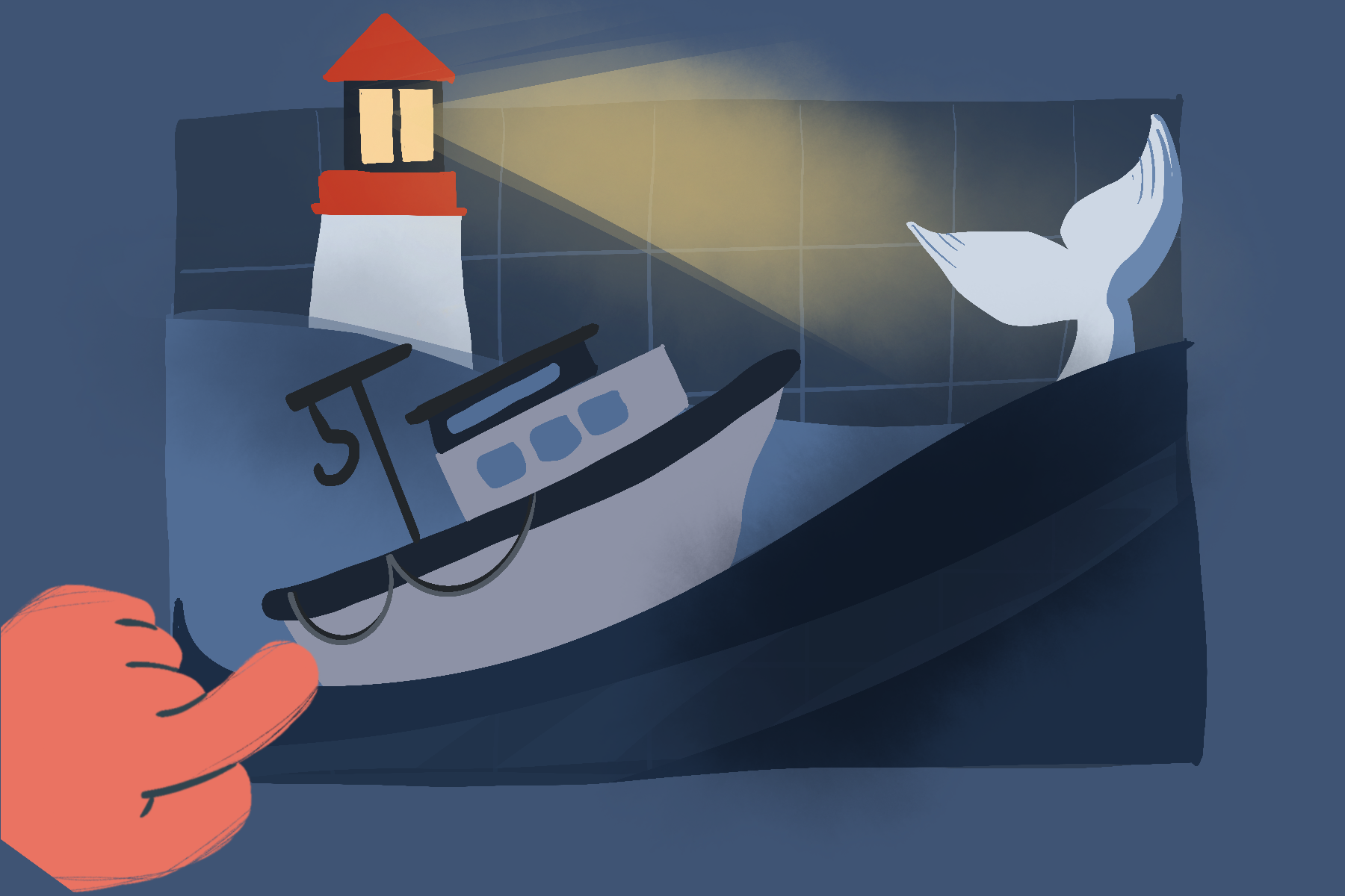 An illustration of Weavly scene with a light house, stormy waters, a white whale tail and a fishing boat that is pushed by a hand.